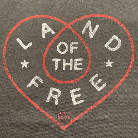 Life Is Good Graphic Tee Land of the Free SS Womens Gray Washed Black Tshirt XS - Picture 9 of 9